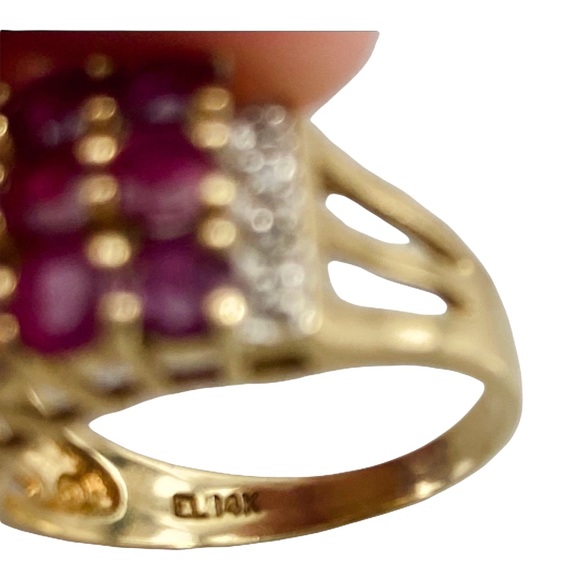 14k Solid Yellow Gold Estate Genuine Ruby Diamond Cocktail Pave Ring - Picture 5 of 9